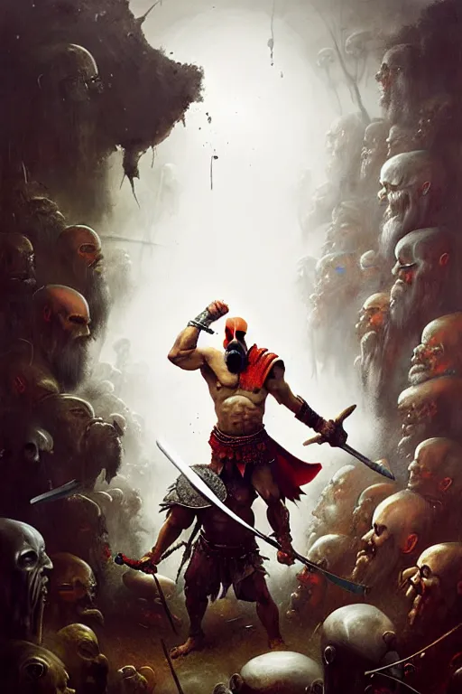 Image similar to hieronymus bosch, greg rutkowski, anna podedworna, painting of kratos fighting weird al yankovich