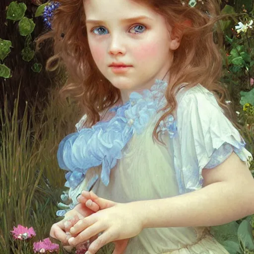 Image similar to a cute little girl with wavy light brown hair and blue eyes in a garden, beautiful highly detailed face, stunning painting by irakli nadar and greg rutkowski and alphonse mucha