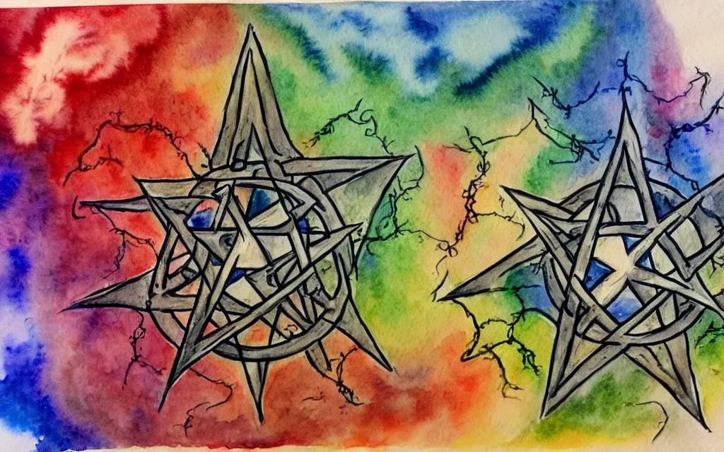 Prompt: a rough water color of the 7 layers of hell, doomsday, satan, pentagram, detailed, busy, hectic