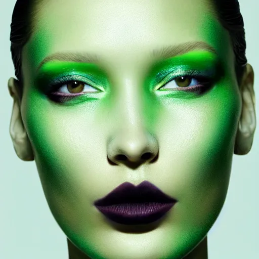 Image similar to bella hadid as a green alien, hyperrealistic, 4k, makeup, symmetrical face