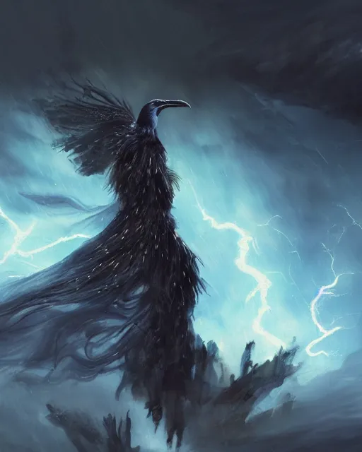 Image similar to oil painting of Anthropomorphized Elemental Raven casting spell, magical runes flying, wearing fur cloak, sharp focus, lightning storm background, magical aura, heroic pose, fantasy style, octane render, volumetric lighting, 8k high definition, by greg rutkowski, highly detailed, trending on art Station, magic the gathering artwork, Thunderstorm background, centered, dramatic artwork