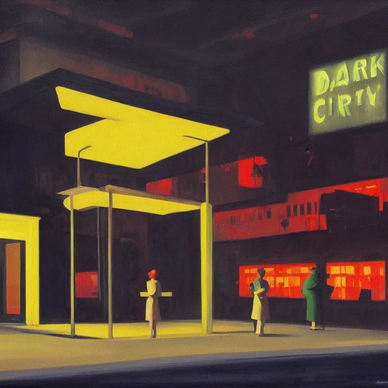 Image similar to dark city bus stop, painted by Edward Hopper and James Gilleard, oil painting