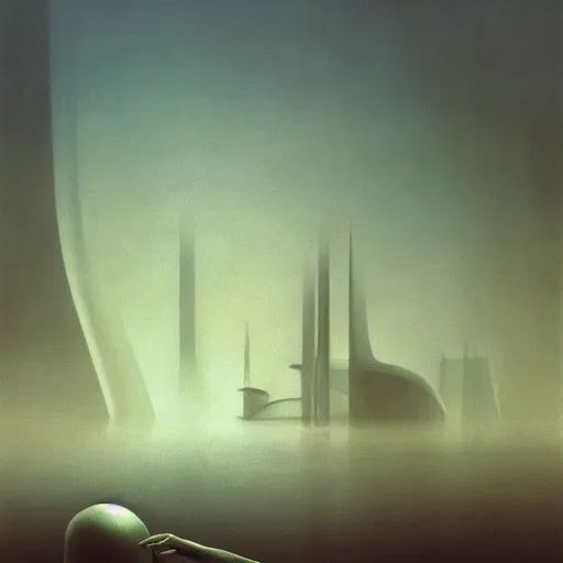 Prompt: arm reaching out of thick fog in foreground, round buildings in background, smooth architecture, organic, sophisticated, zdzislaw beksinski, architecture of frank lloyd wright, zaha hadid, norman foster