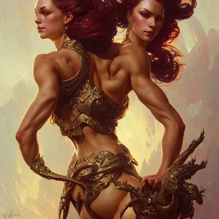 Prompt: queen hot female, muscular upper body,lean body,D&D, fantasy, intricate, elegant, highly detailed, digital painting, artstation, concept art, smooth, sharp focus, illustration, art by artgerm and greg rutkowski and alphonse mucha