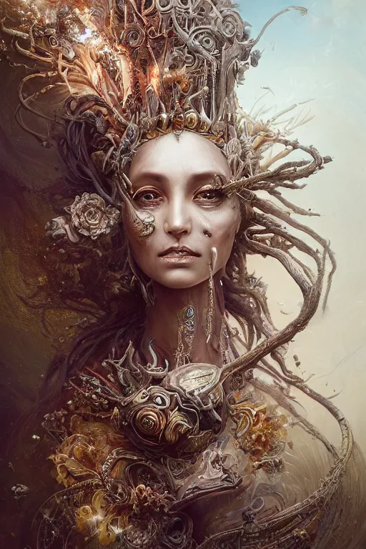 Image similar to alluring detailed cgi matte painting tanned female empress of the life and fertility, by ellen jewett, tomasz alen kopera and justin gerard | symmetrical, vivacious, realism, grunge, intricate, ornate, royally decorated, skull, skeleton, whirling smoke, glowing particles, colorful adornments, colorful torn fabric, radiant colors