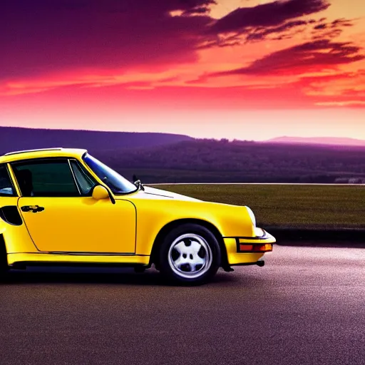 Image similar to an attractive young women driving a yellow 1 9 8 5 porsche 9 1 1 turbo, sunset, 4 k