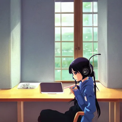 Image similar to Anime painting of a black haired girl wearing headphones while studying in her warm cozy home, by makoto shinkai, relaxed, calm, atmospheric, peacefull, trending on artstation, kimi no na wa