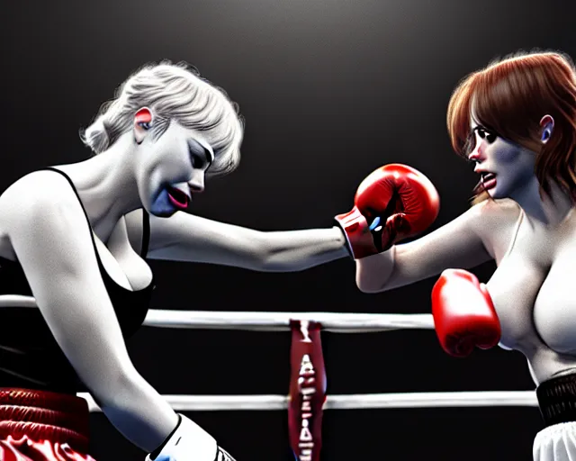 Prompt: christina hendricks and sofia vergara fighting in a boxing match, unreal engine, hyper realism, realistic shading, dramatic lighting, cinematic composition, blender render, sharp focus, octane render, hdr, 4 k, 8 k, detailed textures, artstation, photorealistic, 3 5 mm film