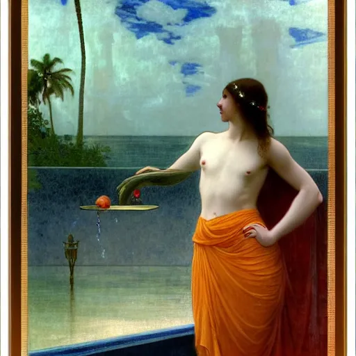 Image similar to Girl with a blood dripping chalice at the palace, thunderstorm, pool, beach and palm trees on the background major arcana sky, by paul delaroche, alphonse mucha and arnold böcklin arnold böcklin hyperrealistic 8k, very detailed