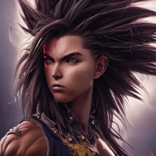 Prompt: warrior girl, muscular girl, wild spiky black saiyan hair, long spiky hair, electrified hair, insane hair, ultra realistic, intricate details, highly detailed, subsurface scattering, photorealistic, octane render, 8 k, art by artgerm, greg rutkowski, magali villeneuve, alphonse mucha