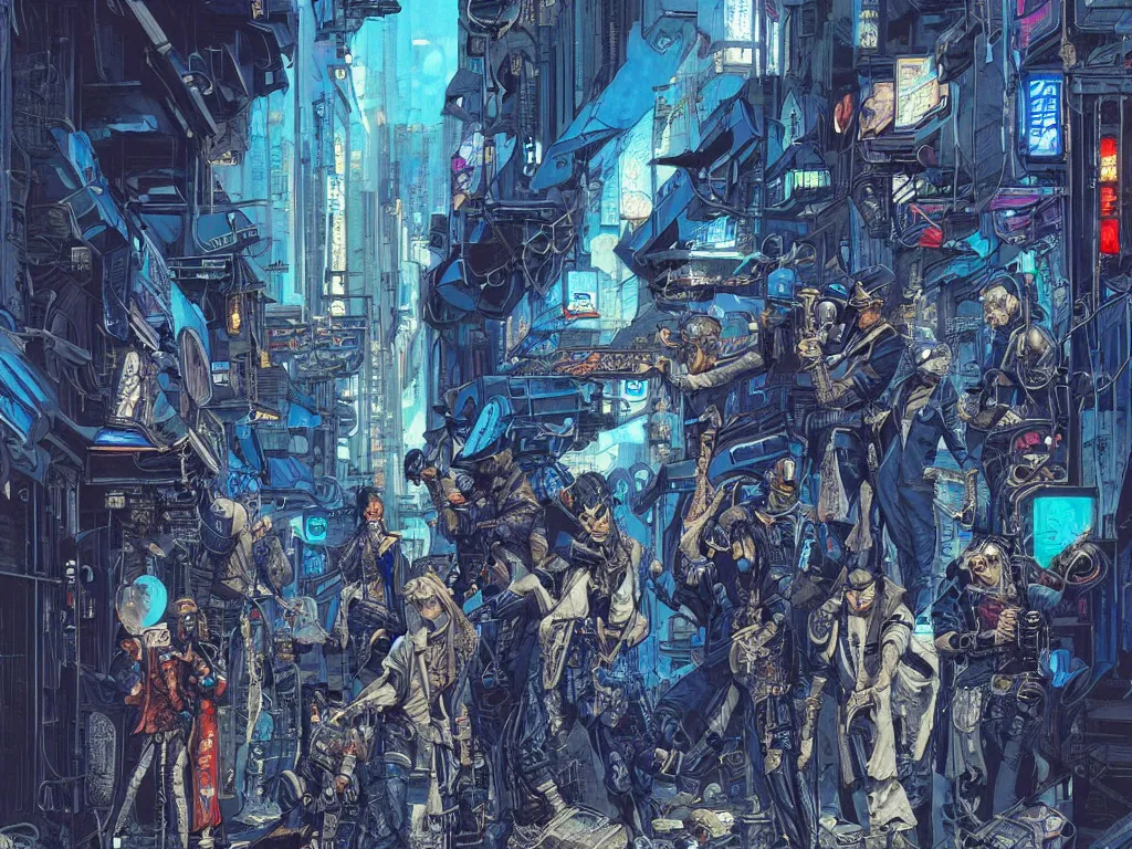 Prompt: a cyberpunk gang in the alleyway between art deco buildings, graffiti, fine detail, intricate, polished, blue color scheme, digital art, illustration, by john smith and noriyoshi ohrai