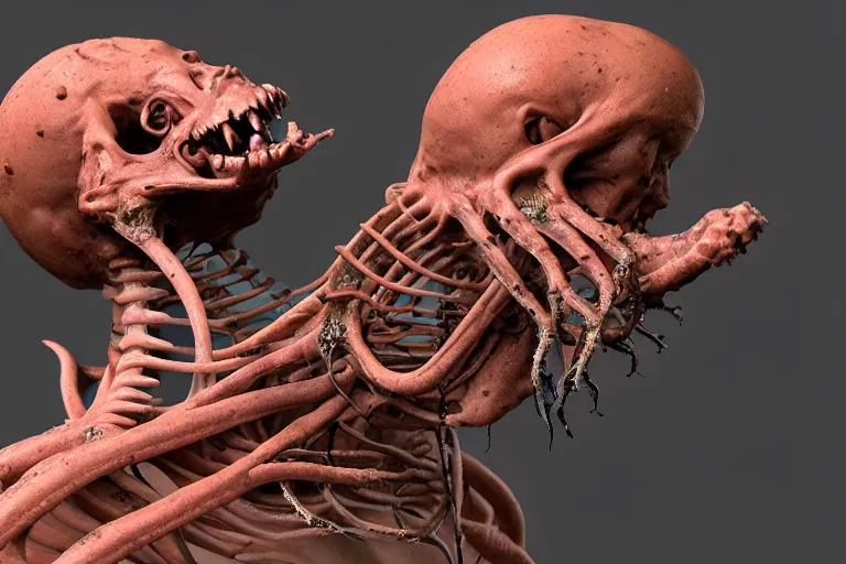 Image similar to a squid monster eating a person, john carpenter body horror, eighties practical horror special effects, cosmic horror, body horror, protruding bones, trending on zbrush central, neoplasticism, lovecraftian, zbrush, biomorphic, midjourney, nightcafe