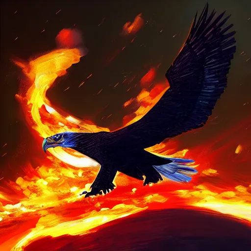 Image similar to eagle on fire in space, painting, Artstation