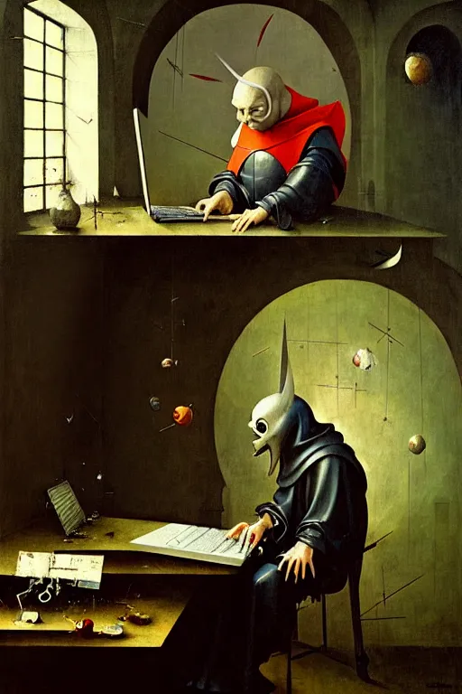 Image similar to hieronymus bosch, greg rutkowski, anna podedworna, painting of the master chief laughing at a laptop