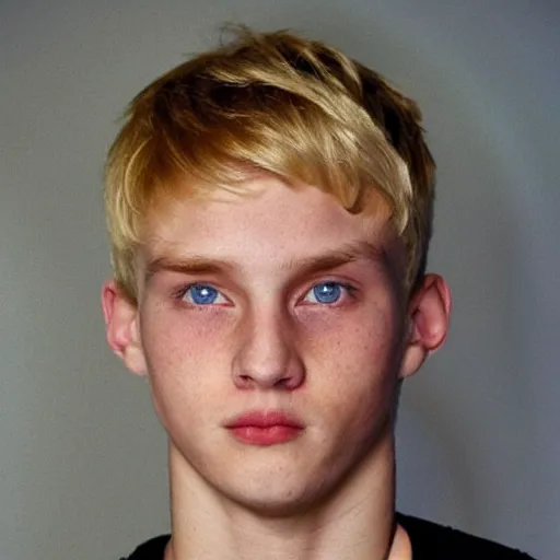 Image similar to an close - up photo of an american 2 0 yo man wearing a white shirt and black tracksuit, blonde hair, blue eyes, small blond goatee, biggish nose