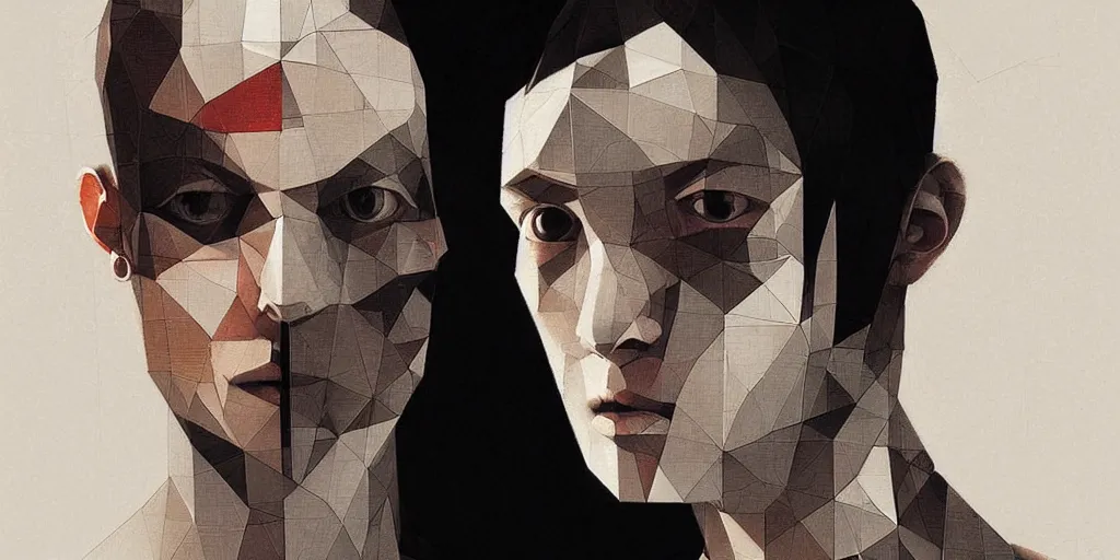 Image similar to highly detailed portrait of a portrait geometric face modernist bauhaus minimalism, by greg rutkowski and fujimoto tatsuki, dramatic lighting, dynamic pose, dynamic perspective