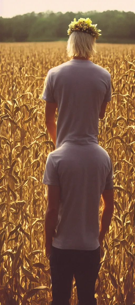 Image similar to agfa vista 4 0 0 photograph of a skinny blonde guy standing in a cornfield, flower crown, back view, grain, moody lighting, telephoto, 9 0 s vibe, blurry background, vaporwave colors!, faded!,