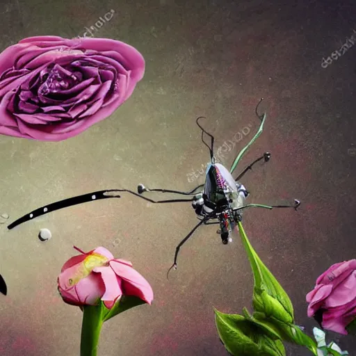 Image similar to rose chafer with quadcopter drone wings creating turbulence above rose flowers black background