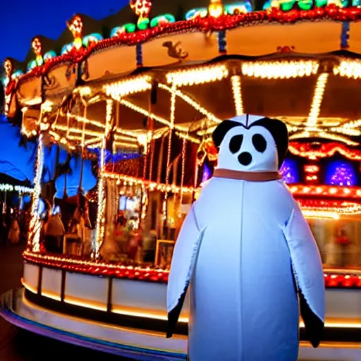 Image similar to photograph of walter white in a penguin costume standing in front or a carousel in disneyland, dark, ominous lights