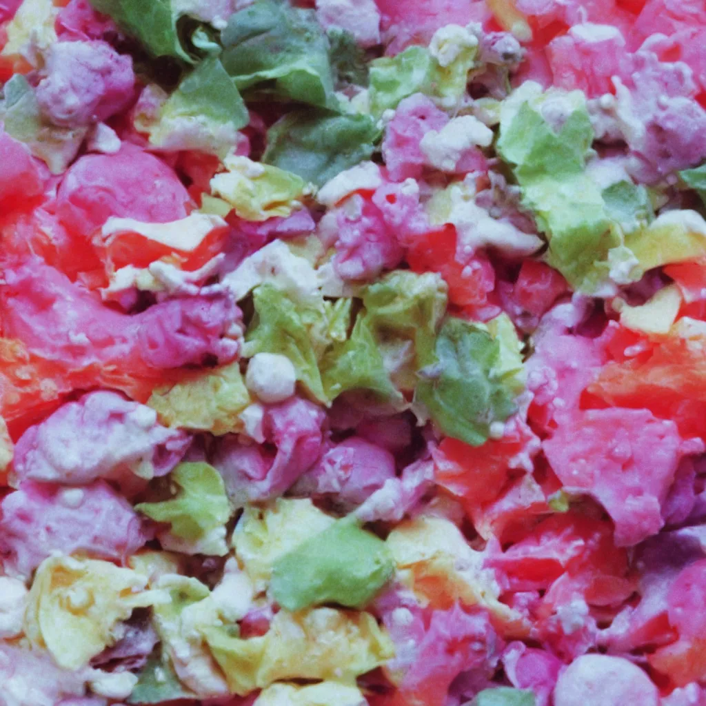 Prompt: a dreamy photo of bubblegum salad, 1976