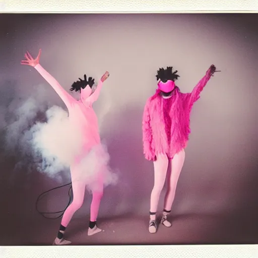 Prompt: polaroid of dancers that are made from cotton candy, smoke and clouds, wearing giant paper masks, mix, DADA collage, texture, lomography, fashion neon light