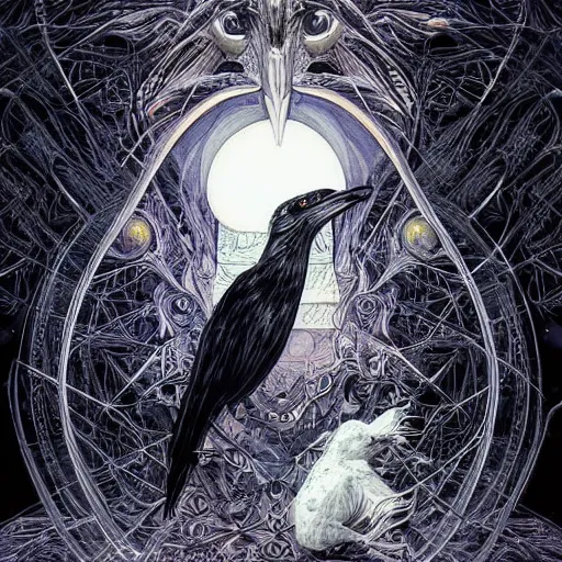 Image similar to white crow bringing rabbit leg to a occult witch by Android Jones and M. C. Escher collaboration, futurist, digital art, dramatic lighting