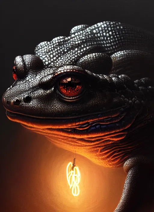 Prompt: portrait of an ancient black frog, a toad god, intricate, elegant, glowing lights, highly detailed, digital painting, artstation, concept art, smooth, sharp focus, art by wlop, mars ravelo and greg rutkowski