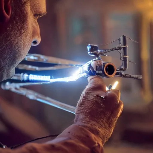 Prompt: balding older cyborg using jeweller's loupe with orange led light, inspecting intricate gun made from rusted cutlery, smoking soldering iron, dark messy cluttered workshop, dark, dramatic lighting, cinematic, highly detailed, sci - fi, futuristic, movie still from blade runner