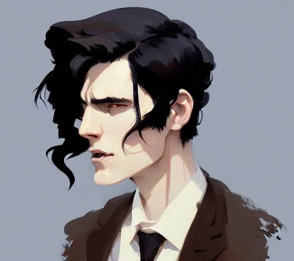 Image similar to portrait victorian man with black hair, by atey ghailan, by greg rutkowski, by greg tocchini, by james gilleard, by joe fenton, by kaethe butcher, by ashley wood, dynamic lighting, gradient light blue, brown, blonde cream and white color scheme, grunge aesthetic