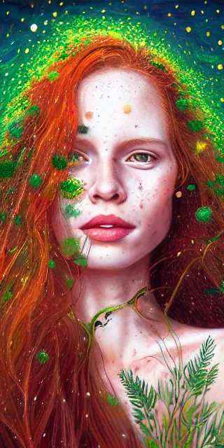 Image similar to infp young woman, smiling amazed, golden fireflies lights, sitting in the midst of nature fully covered, long loose red hair, intricate linework, bright accurate green eyes, small nose with freckles, oval shape face, realistic, expressive emotions, dramatic lights spiritual scene, hyper realistic art by michael cheval, jessica rossier, boris vallejo