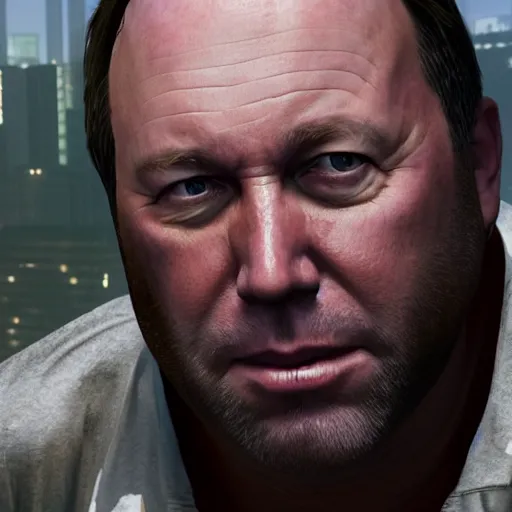 Image similar to hyperrealistic mixed media image of info wars alex jones as trevor in gta v, stunning 3 d render inspired art by xiang duan and thomas eakes and greg rutkowski, perfect facial symmetry, hyper realistic texture, realistic, highly detailed attributes and atmosphere, dim volumetric cinematic lighting, 8 k octane detailed render, post - processing, masterpiece,