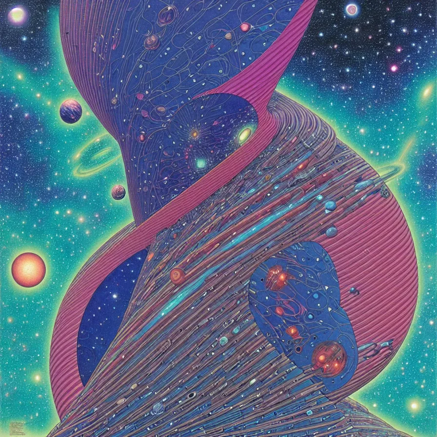 Image similar to ( ( ( ( beautiful edge of the galaxy ) ) ) ) by mœbius!!!!!!!!!!!!!!!!!!!!!!!!!!!, overdetailed art, colorful, artistic record jacket design