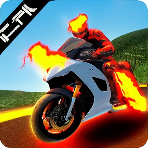 Prompt: new aesthetic and fast motorcycle. Flaming roads. photo realistic. high details. race. hyper realistic.