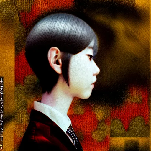 Image similar to yoshitaka amano blurred and dreamy realistic three quarter angle portrait of a young woman with short hair and black eyes wearing office suit with tie, junji ito abstract patterns in the background, satoshi kon anime, noisy film grain effect, highly detailed, renaissance oil painting, weird portrait angle, blurred lost edges