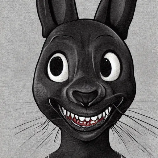 Image similar to A extremely highly detailed majestic hi-res beautiful, highly detailed head and shoulders portrait of a scary terrifying, horrifying, creepy black cartoon rabbit with scary big eyes, earing a shirt laughing, hey buddy, let's be friends, in the style of Walt Disney