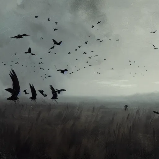 Image similar to A field full of crows, dark sky, art by greg rutkowski, trending on artstation.