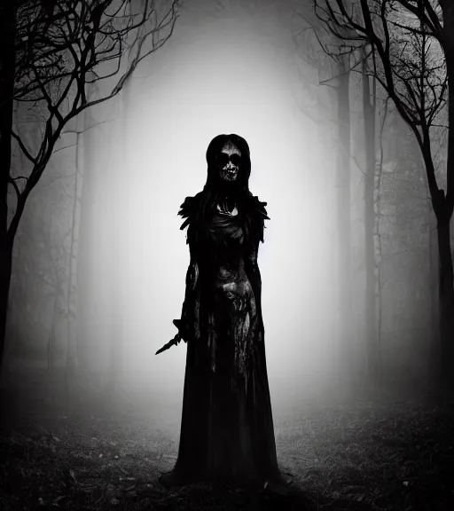 Image similar to gothic necrolord female with zombie servents, professional photography, high resolution, liminal eerie midnight backlit, a photograph taken by Cindy Sherman