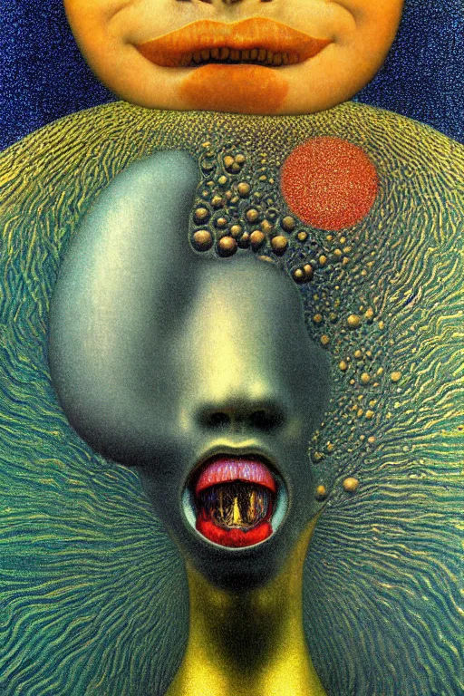 Prompt: art deco close up portait of mushroom head with big mouth surrounded by spheres, rain like a dream digital render curvalinear clothing cinematic dramatic fluid lines otherworldly vaporwave interesting details epic composition by artgerm moebius francis bacon gustav klimt