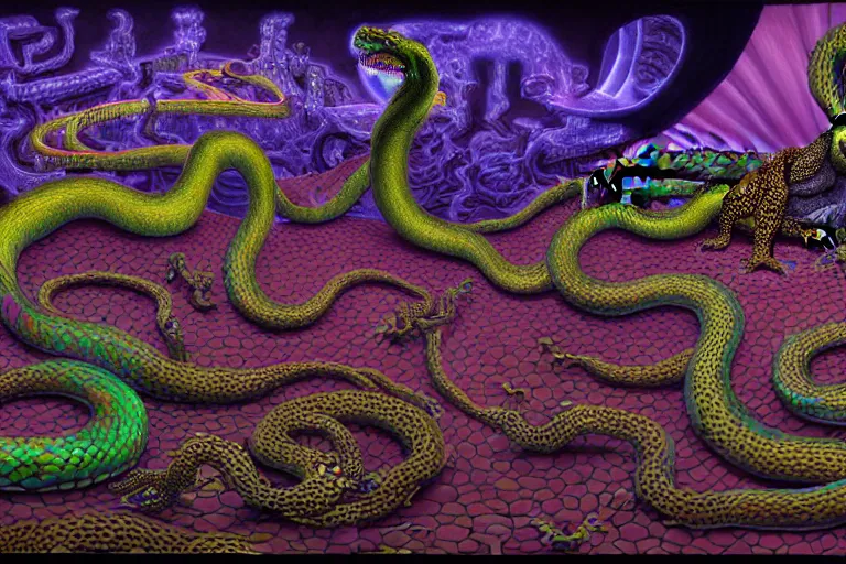 Image similar to a detailed digital art painting of a cyberpunk magick oni dragon with occult futuristic effigy of a beautiful field of mushrooms that is a adorable leopard atomic latent snakes in between ferret biomorphic molecular hallucinations in the style of escher, alex grey, stephen gammell inspired by realism, symbolism, magical realism and dark fantasy, crisp,