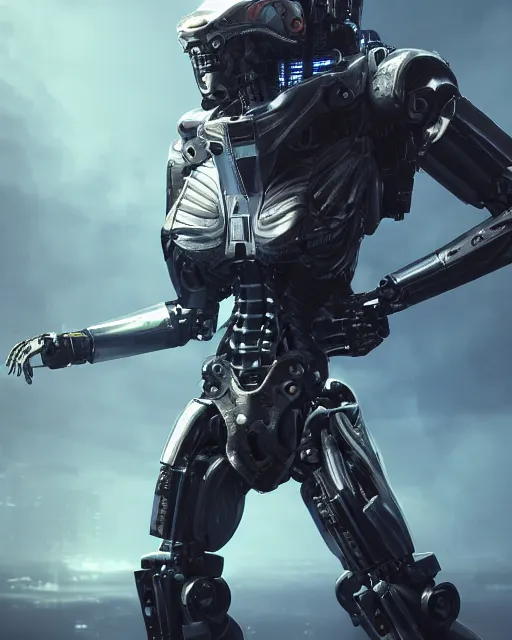 Image similar to Ellen Ripley as a Mecha, hyperdetailed, full body, LED effects, professional paint job, distressed paint, dynamic low angle shot, photoreal, caustics, octane render, redshift render, Vray render, all in focus, unreal engine, post processing, ultra detailed, trending on artstation