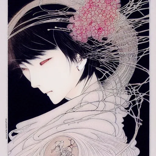 Image similar to prompt: Fragile looking soft light portrait face drawn by Takato Yamamoto and Katsuhiro Otomo, inspired by Ghost in Shell anime, magical and alchemical objects on the side, soft light, intricate detail, intricate ink painting detail, sharp high detail, manga and anime 2000