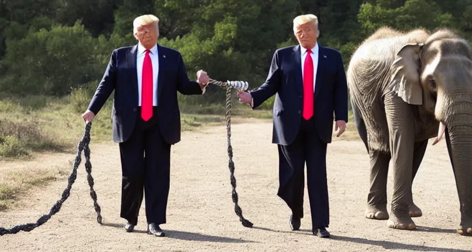 Prompt: a photo of donald trump walking an elephant on a leash