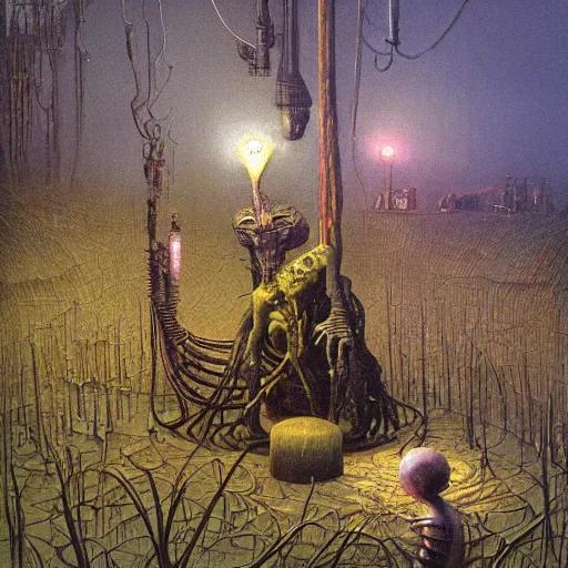 Image similar to painting hr giger tent in a landscape, scifi gadgets in a pond, floral ornaments light beams night, street lights, beksinski