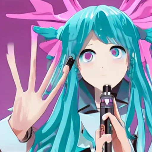 Image similar to hatsune miku smoking a vape pen in her right hand and holding up a peace sign in her left hand | smoke coming out of her mouth,