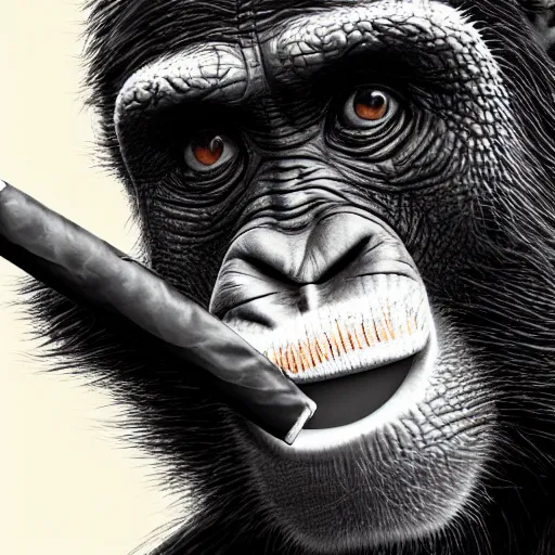 Image similar to a high detail photo of donald trump smoking a cigarrette, subject= chimp, subject detail: extremly detailed, subject action: smoking a cigar, photorealism, dramatic lighting, award winning photograph, trending on artstation