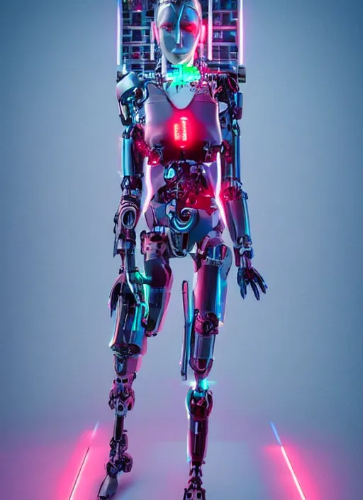 Image similar to photorealistic detailed full body picture of a female cyborg, pretty face, with head arms legs feet and hands, standing on the ground, glamour pose, neon lights, humanoid, extreme, uhdr, book called the most influental cyborg in 2 0 5 0, fine details, highly detailed, intricate, smooth sharp focus, symmetrical features, environmental portrait, realistic render