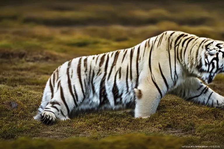 Image similar to a tiger polar bear!!! hybrid! hyper realistic!! realistic lighting!! wildlife photographer of the year!!! bold natural colors, national geographic, hd, wide angle, 8 k