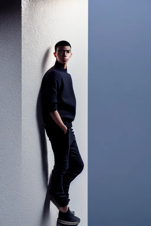 Image similar to un ultra high definition studio quality photographic art portrait of a young man standing on the rooftop of a british apartment building wearing soft padded silver pearlescent clothing. three point light. extremely detailed. golden ratio, ray tracing, volumetric light, shallow depth of field. set dressed.