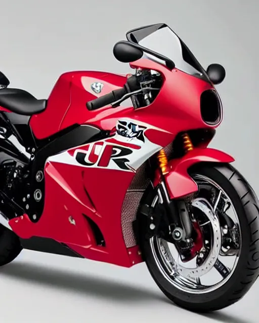 Prompt: an array of parts composing a cherry-red Suzuki GSX-R1000 motorcycle, body, mirrors, engine, wheels, chrome, aerodynamic