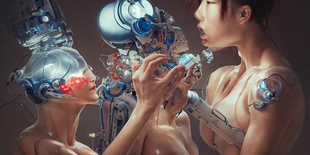 Prompt: hyperrealistic photography of a gorgeous cyborg assisting a human eating machine in the style of Jin Kagetsu, James Jean and wlop, highly detailed, masterpiece, award-winning, sharp focus, intricate concept art, ambient lighting, 8k, artstation